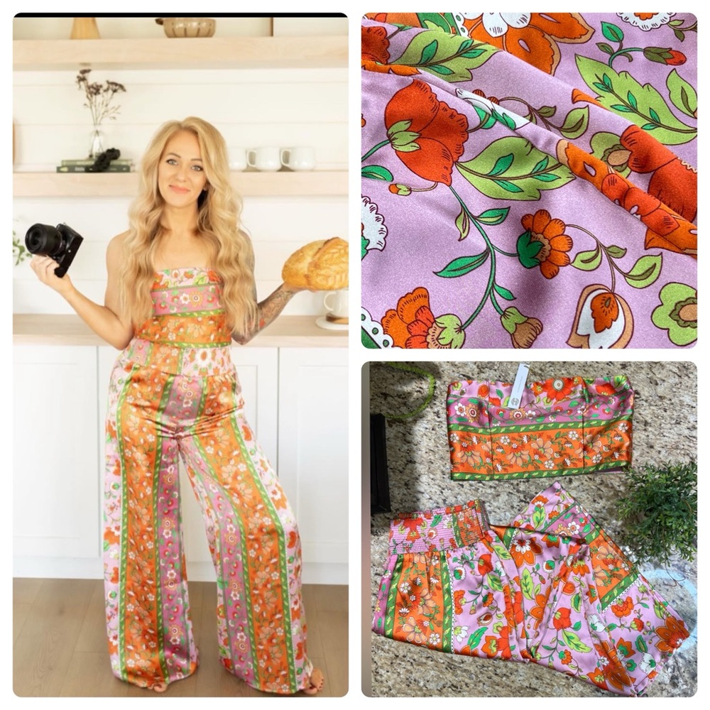 House Of Harlow 1960 Floral Two Piece Strapless Crop Top w/ Wide Leg Pant Large